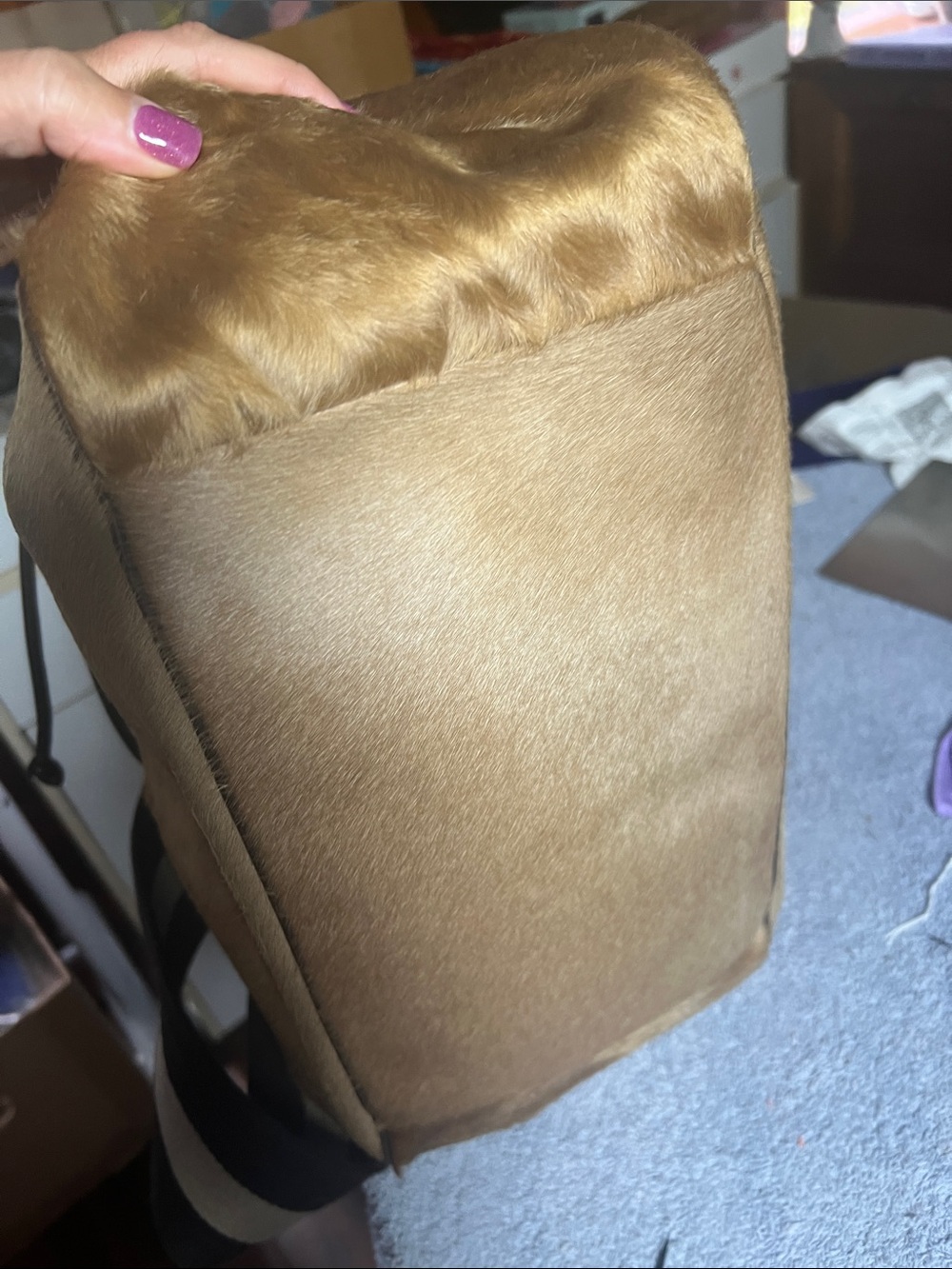 Bally Beige fur Drawstring Shoulder Bag with Striped Strap - Picture 7 of 8